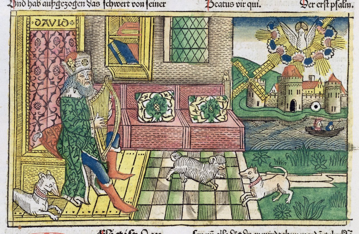 Psalmen: frontispice waarop koning David de lier bespeelt, uit de Neurenbergse Bijbel (Biblia Sacra Germanaica) door German School