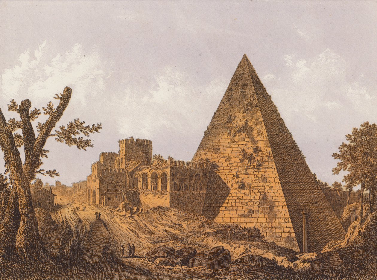 Piramide van Cestius, Rome (kleurenlitho) door German School