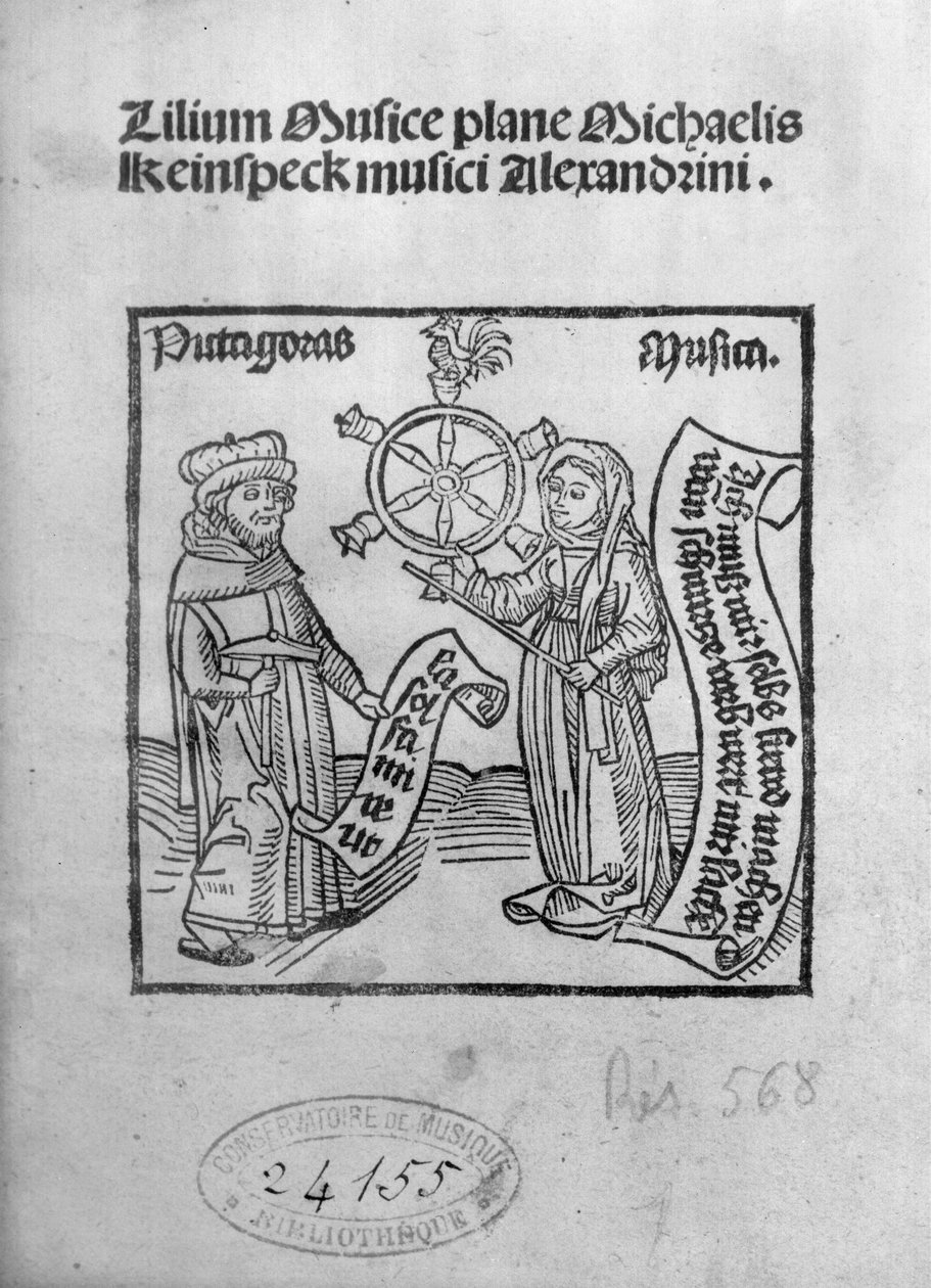 Pythagoras (c.580-500 v.Chr.) en Muziek, titelpagina uit Lilium Musicae door Michael Keinspeck, Augsburg, gepubliceerd in 1500 door German School