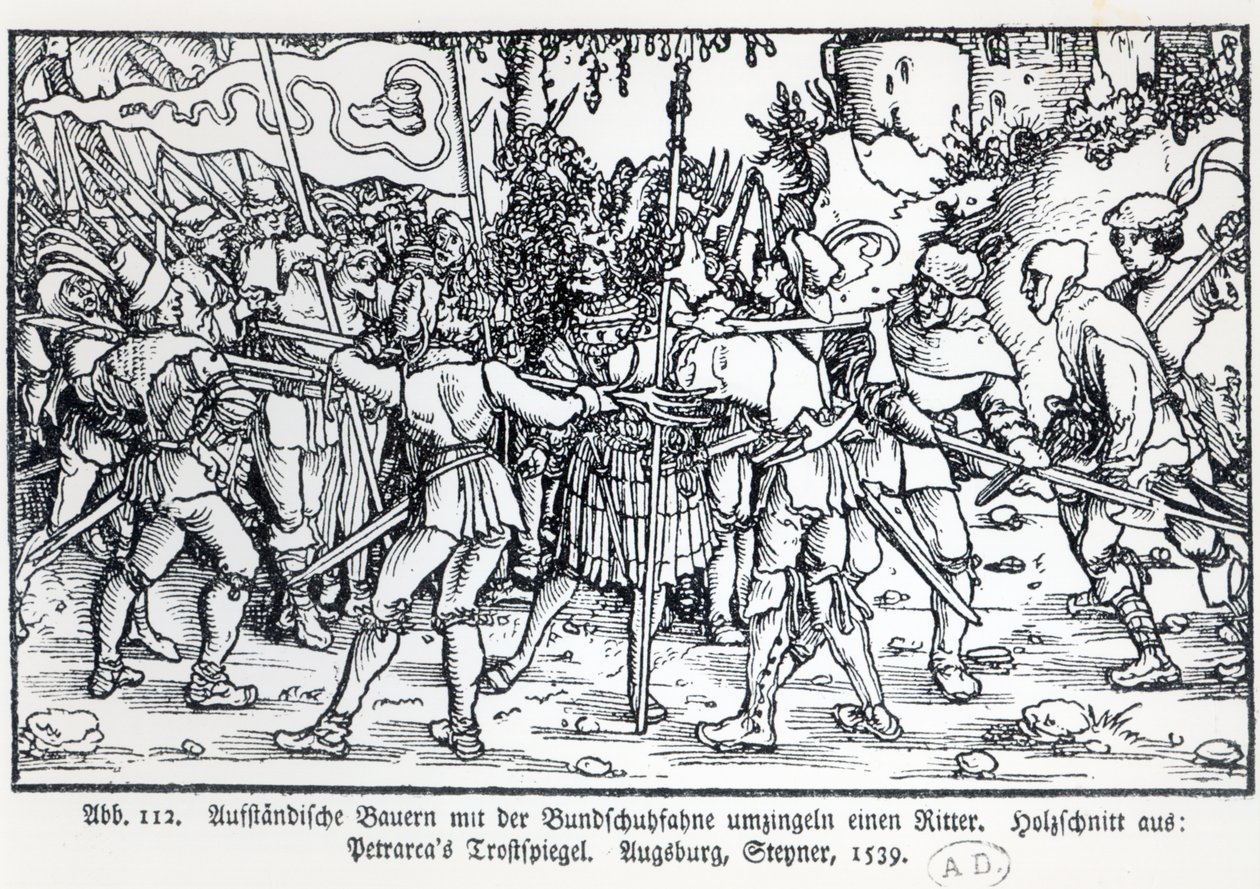 Opstandige boeren omringen een ridder, uit een illustratie bij Trostspiegel door Petrarca, 1539 door German School