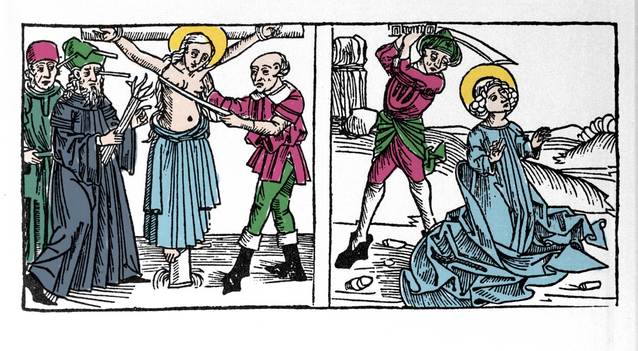 Voorstelling van het martelaarschap van Sint Seraphia (Serapia) (Seraphia van Syrië), christen uit de 2e eeuw. Gravure uit 