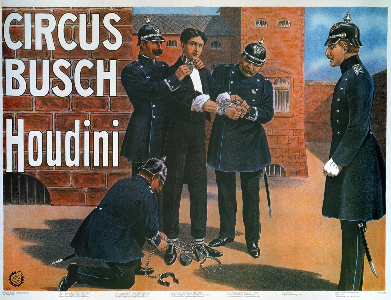 Reproductie van een poster uit 1907 met Houdini voor een ontsnapping uit een Duitse gevangenis door German School
