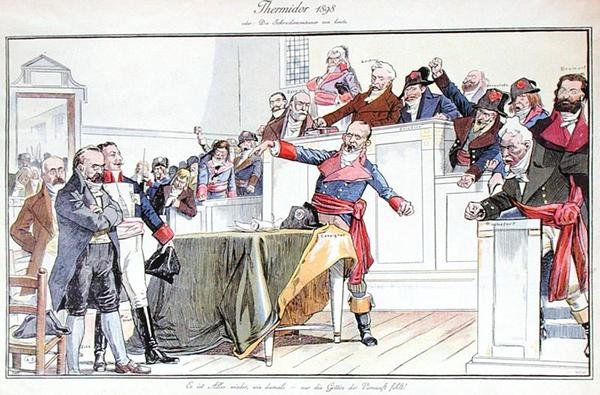 Satirische cartoon die de Dreyfus-affaire als een revolutionair proces afbeeldt door German School