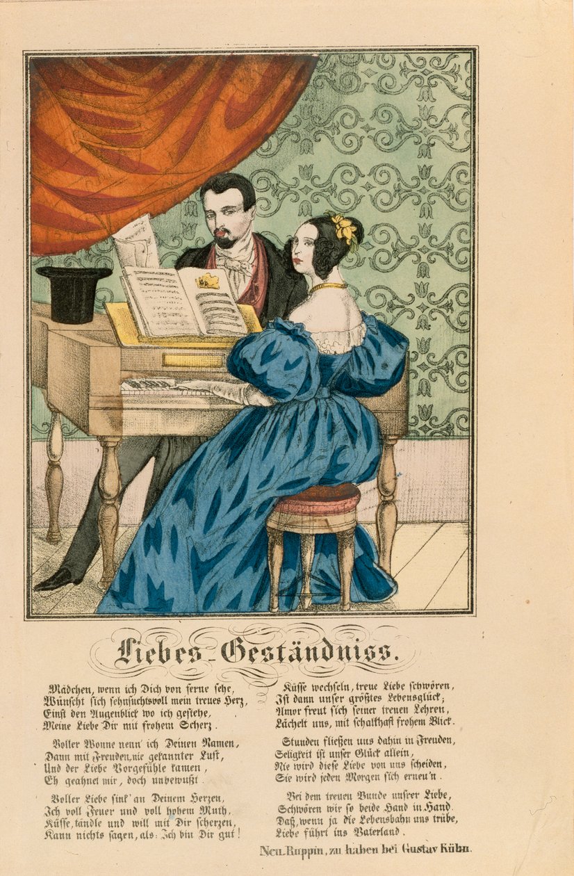 Scène met een stel aan de piano, met een liefdesgedicht eronder, uit Neuruppiner Bilderbogen, 1850 door German School