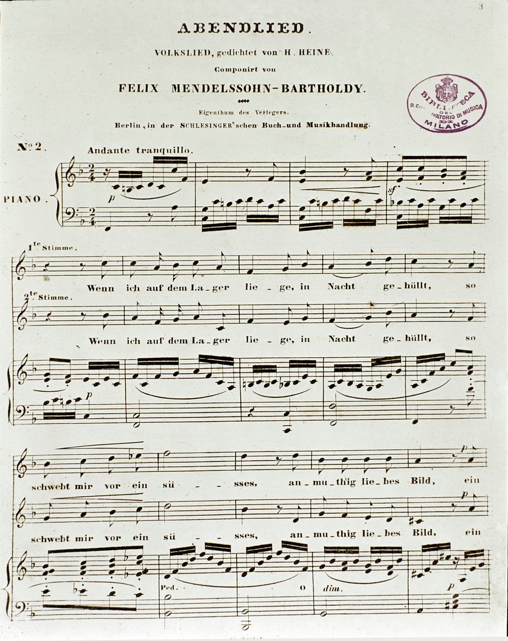 Partituurpagina van Abendlied door Felix Mendelssohn door German School