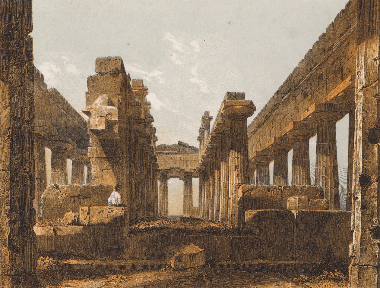 Tweede Tempel van Hera, Paestum, Italië (kleurenlitho) door German School