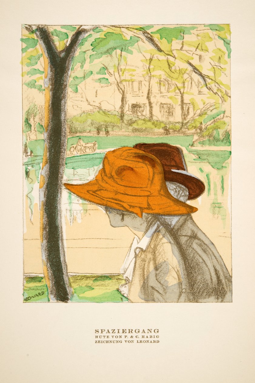 "Spaziergang", reclame voor hoeden van P  C Habig, uit Styl, pub.1922 (poederdruk) door German School
