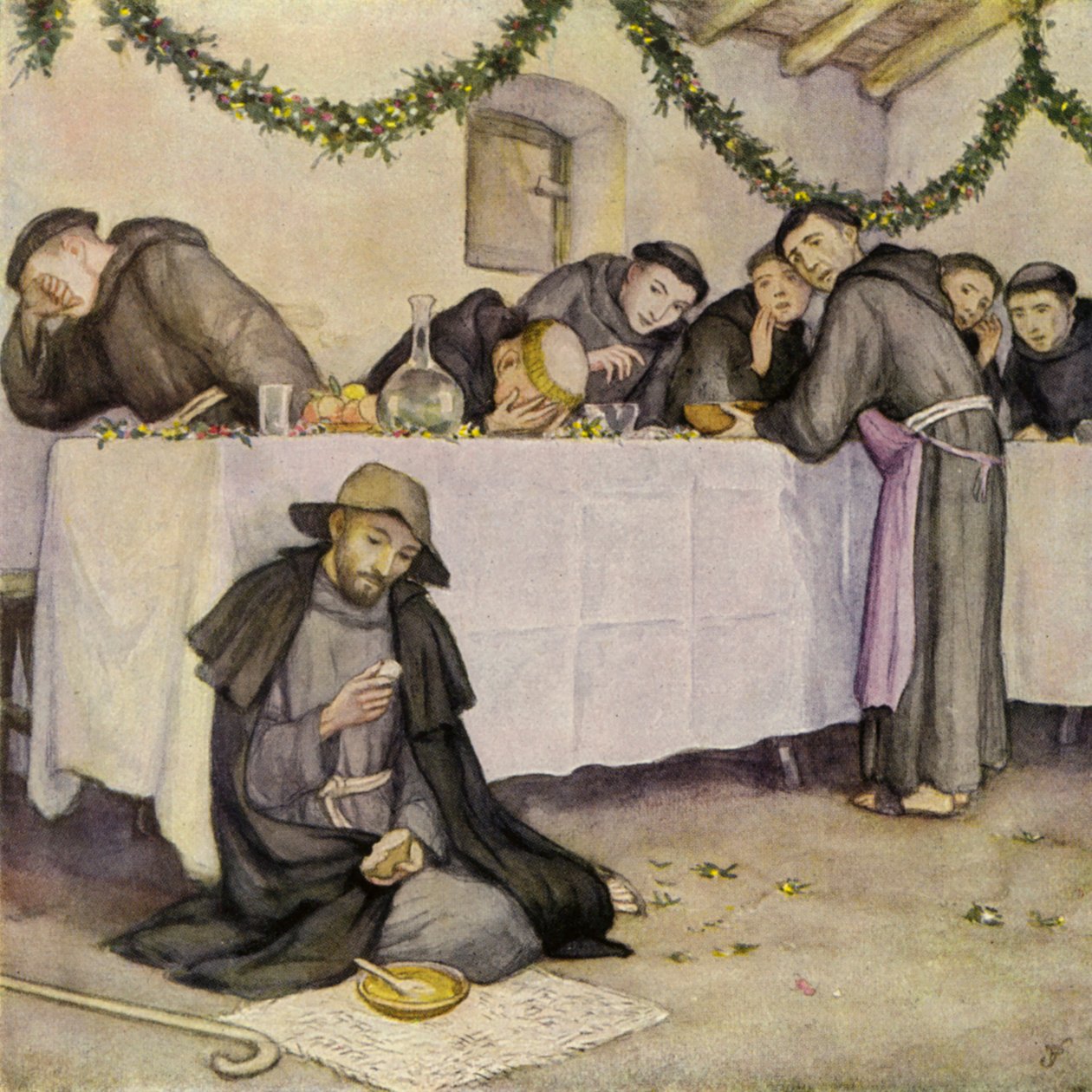 Franciscus en een les in heilige armoede (kleurenlitho) door German School
