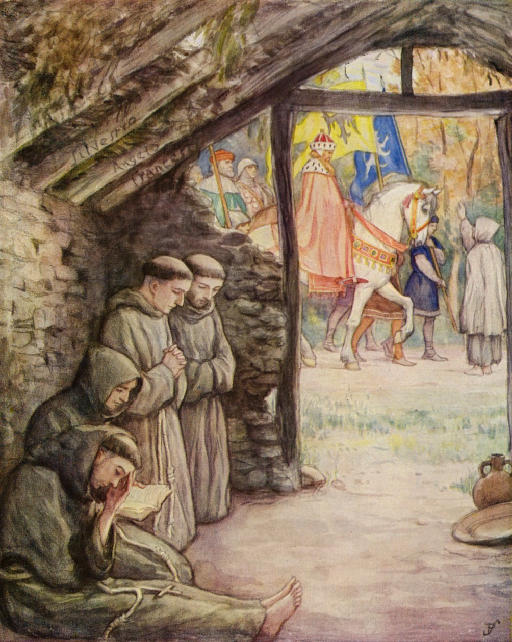Franciscus en zijn volgelingen in het heiligdom van Rivotorto (kleurenlitho) door German School