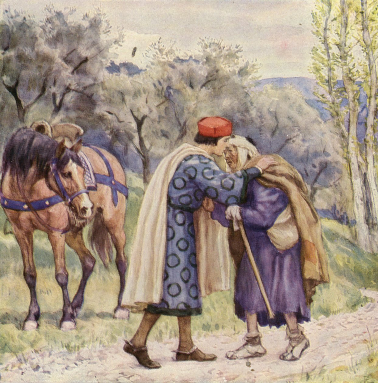 Franciscus kust een melaatse (kleurenlitho) door German School