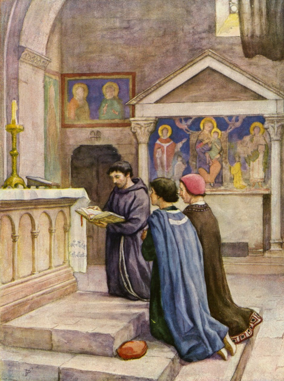 Franciscus leest uit het evangelie (kleurenlitho) door German School