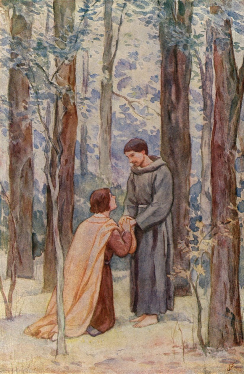 Franciscus ontvangt een welkome volgeling (kleurenlitho) door German School