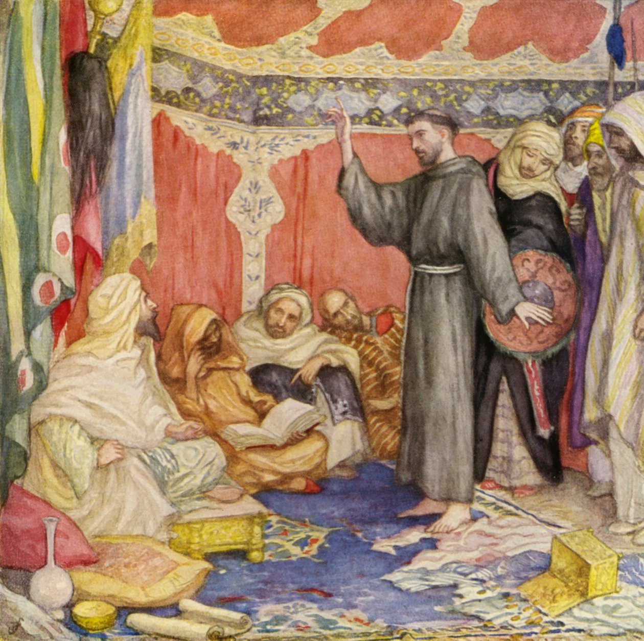 Franciscus op bezoek bij de Sultan van Egypte (kleurenlitho) door German School