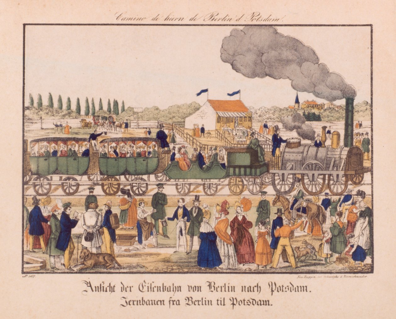 Stoomspoorweg tussen Berlijn en Potsdam, Neuruppiner Bilderbogen, ca. 1840 door German School