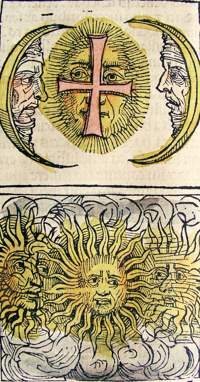 Zonnehonden en Maanshonden, gepubliceerd in de Neurenberg Kroniek, 1493 door German School
