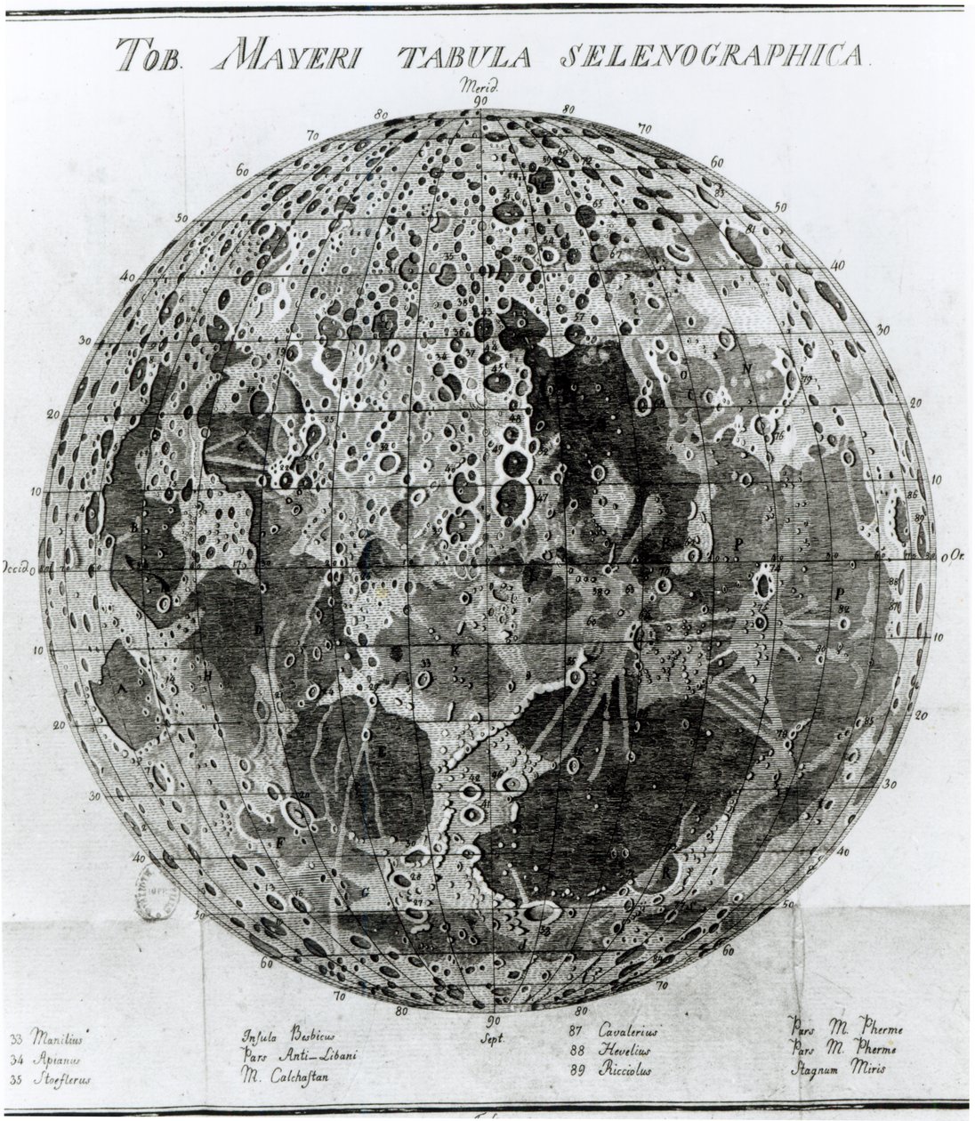 Oppervlakte van de maan, illustratie uit Selenotopographische Fragmente door Johann Hieronymus Schroeter, gepubliceerd in 1791 door German School