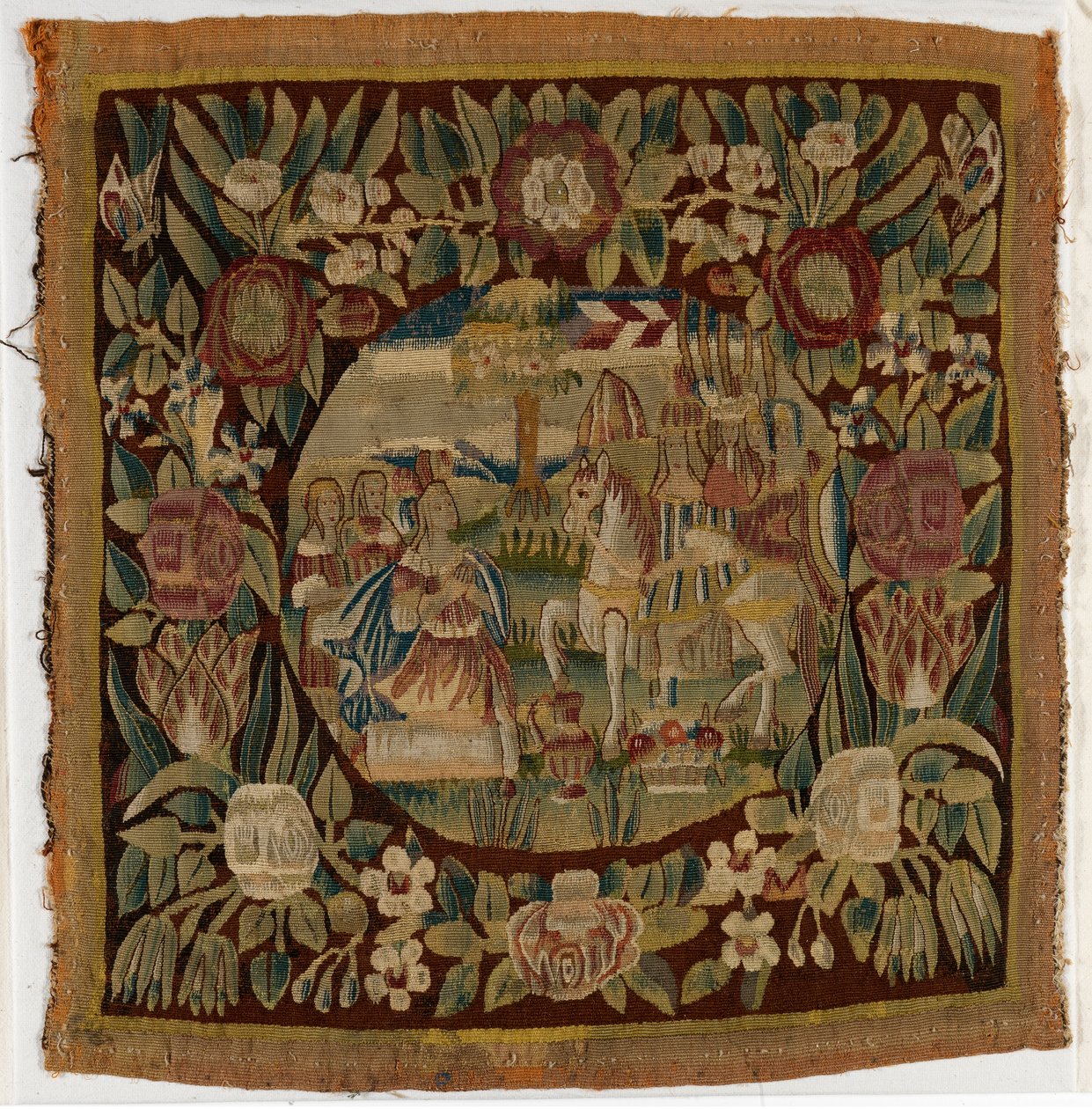 Wandtapijtkussenhoes met David en Abigail, Samuel XXV, mogelijk gemaakt in Hamburg, Duitsland, ca. 1615 door German School