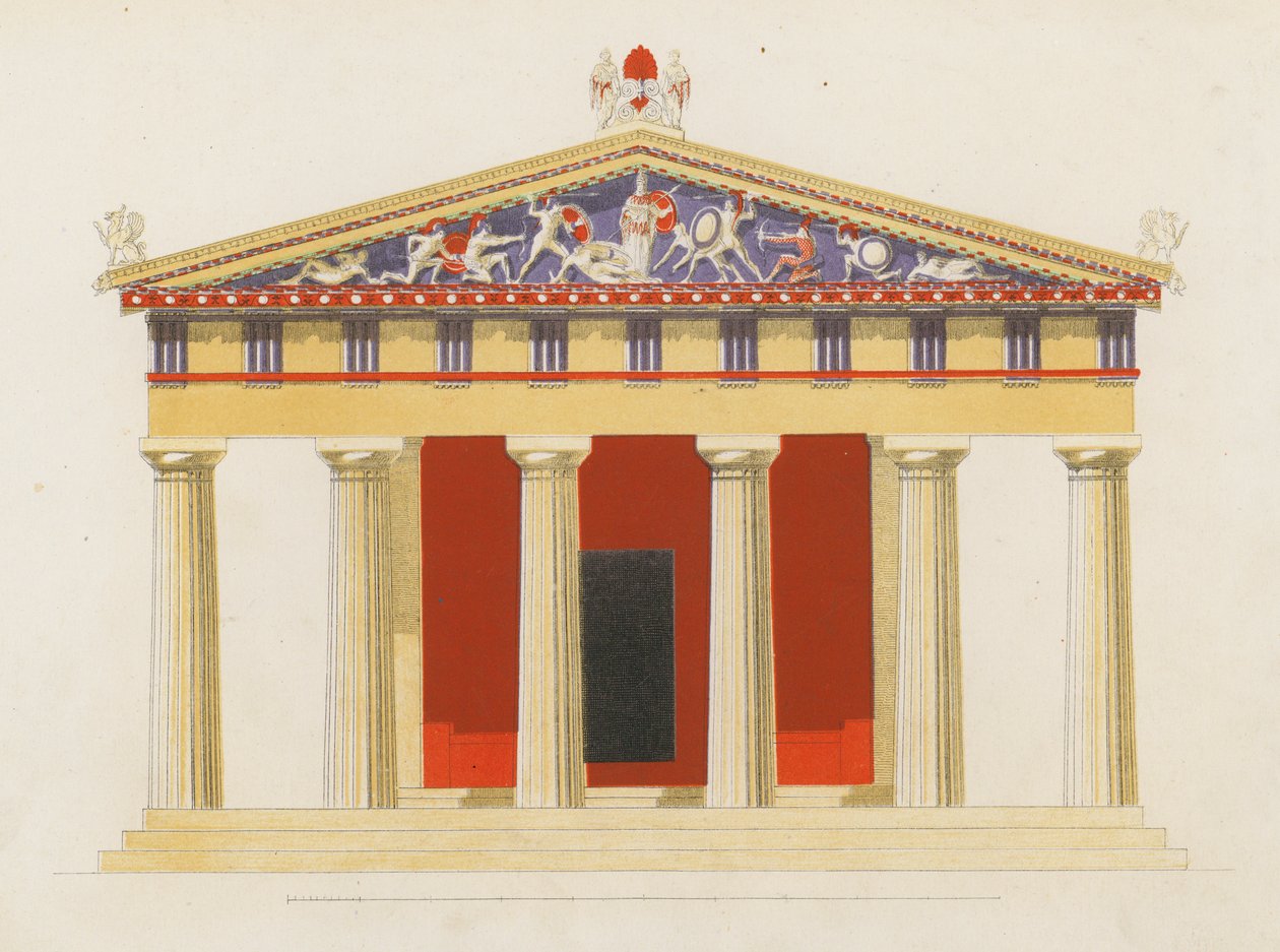 Tempel van Aphaea, Aegina, Griekenland (kleurenlitho) door German School