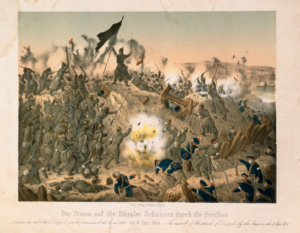De Slag bij Dybboel in de Tweede Sleeswijkse Oorlog, op 18 april 1864, gepubliceerd door Verlag A. Felgner, Berlijn, 1864 door German School
