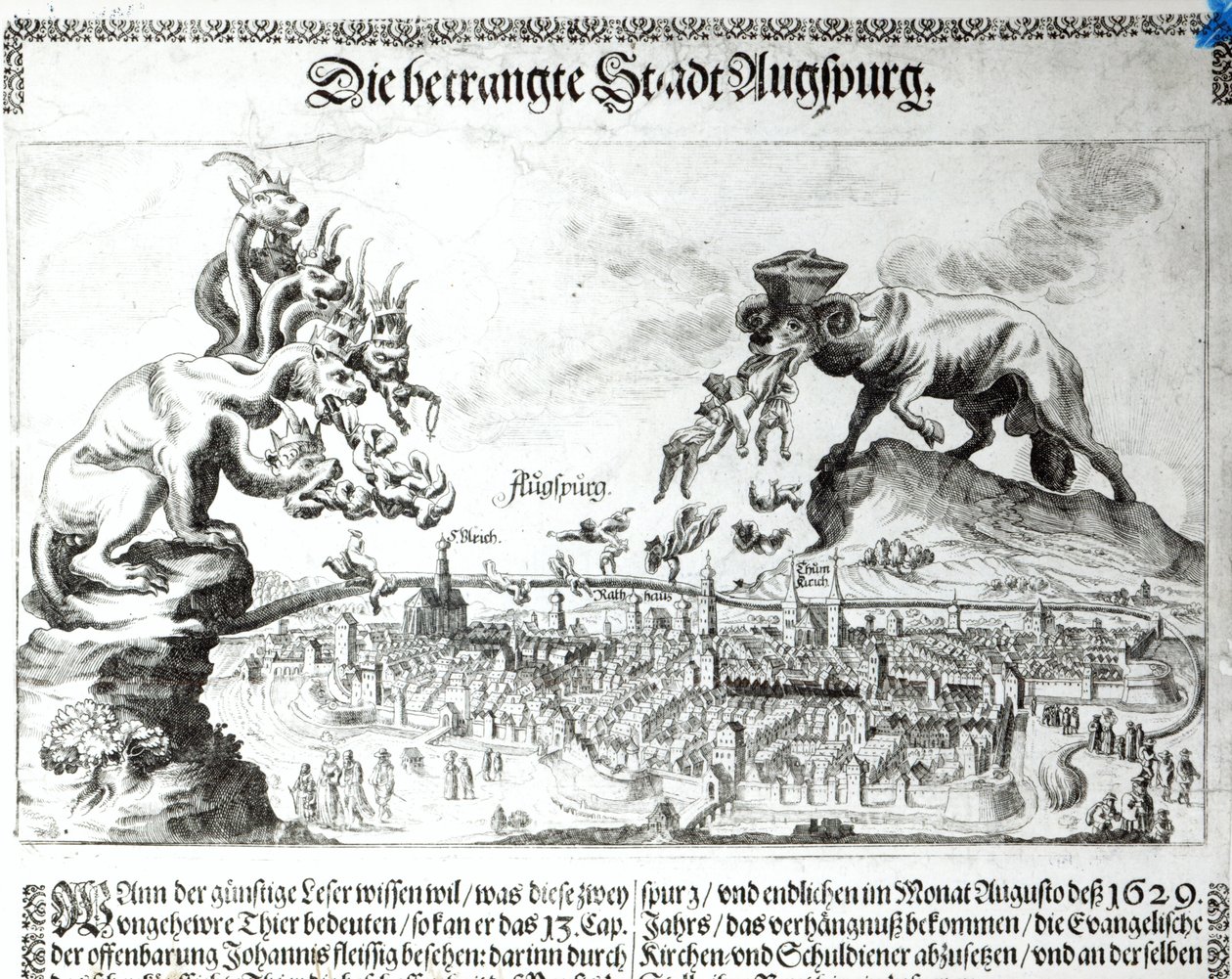 De stad Augsburg gedwongen katholieke overheersing te accepteren in 1629 (gravure) door German School
