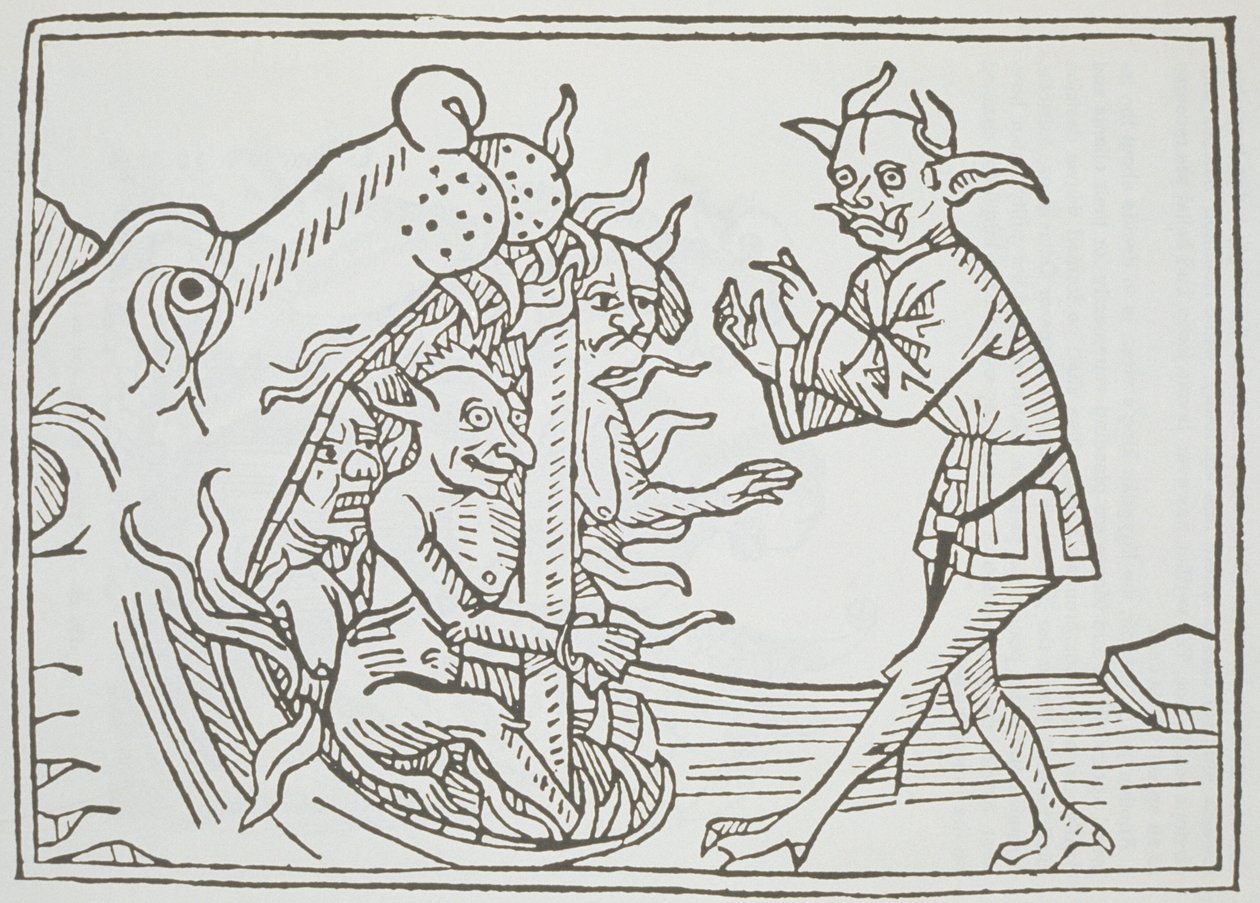 De Duivel Belial voor de Poorten van de Hel, uit Das Buch Belial, gepubliceerd in Augsburg, 1473 door German School