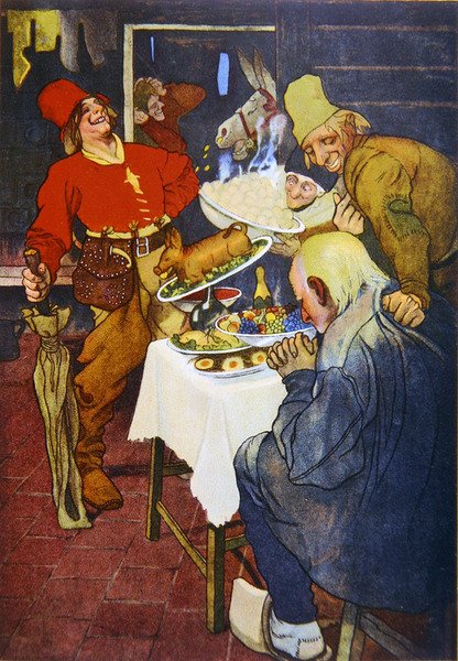 De Magische Tafel en de Gouden Ezel, illustratie van een sprookje door de Gebroeders Grimm door German School