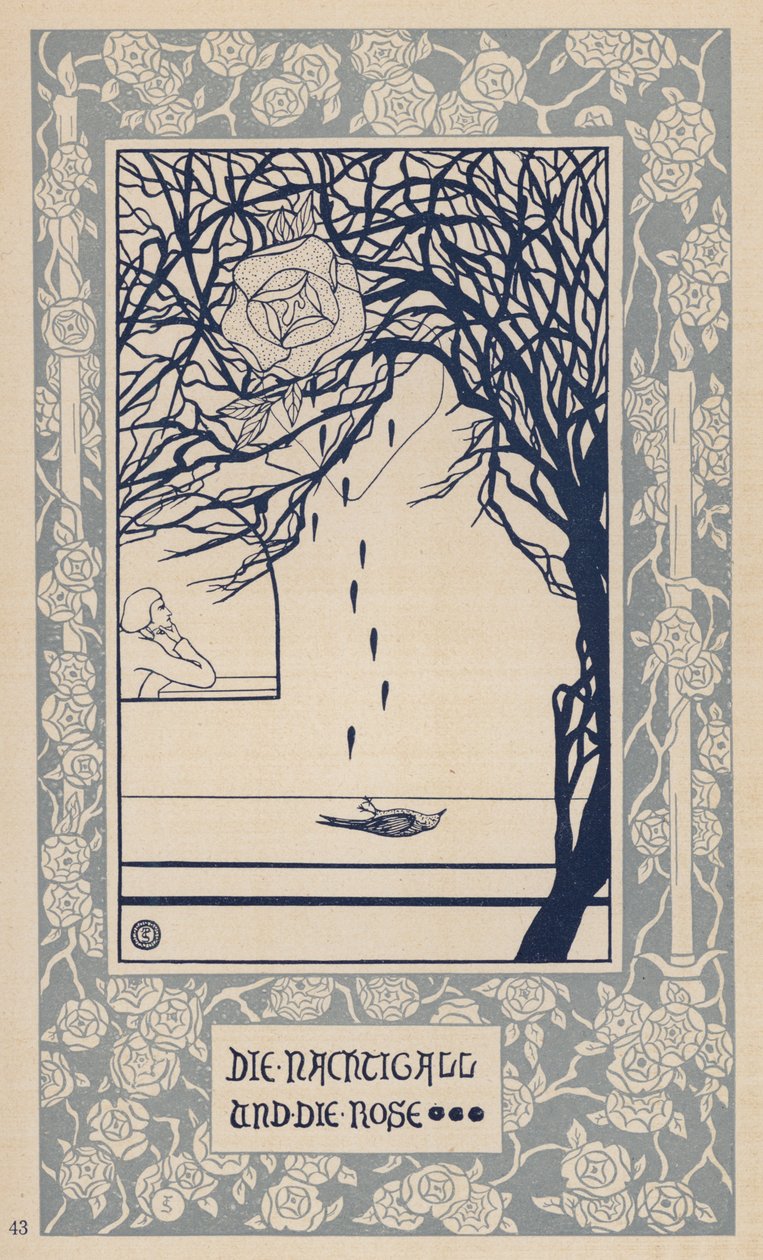 De nachtegaal en de roos (litho) door German School