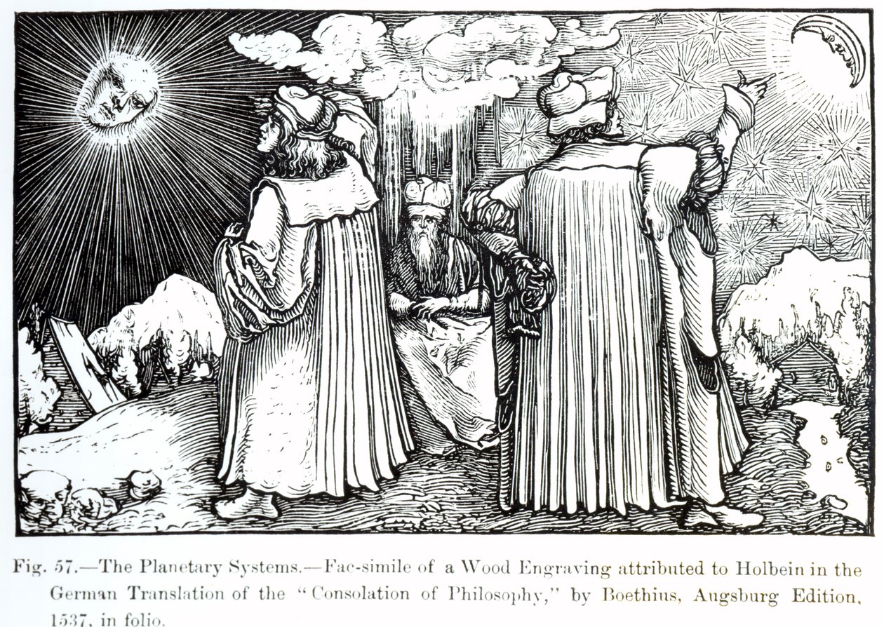 De Planetaire Systemen, uit De Troost van Filosofie door Boethius, gepubliceerd in 1537, illustratie uit Wetenschap en Literatuur in de Middeleeuwen en Renaissance, geschreven en gegraveerd door Paul Lacroix door German School