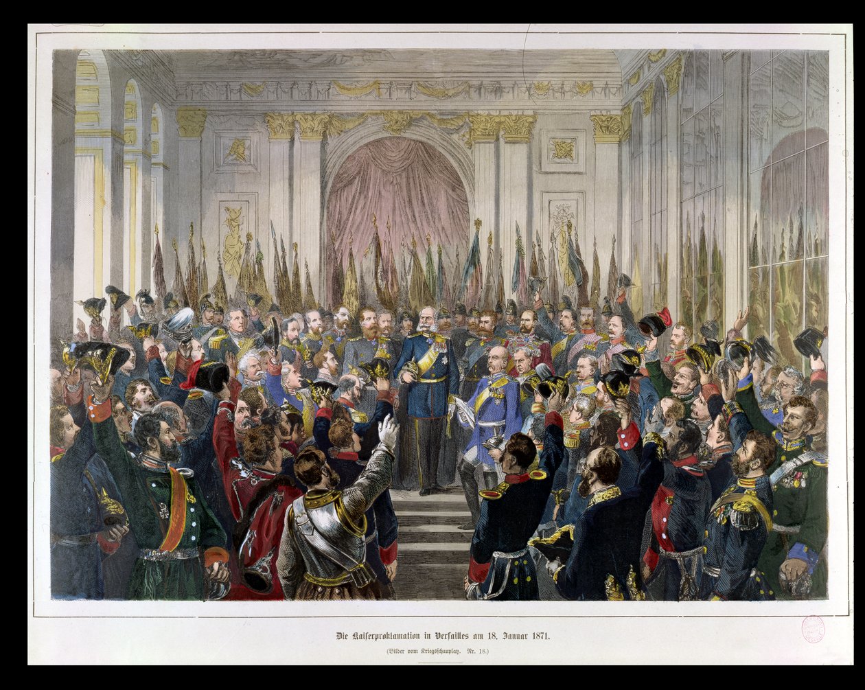 De proclamatie van Wilhelm als keizer van het nieuwe Duitse Rijk, in de Spiegelzaal van Versailles op 18 januari 1871, 1871 (kleurgravure) door German School
