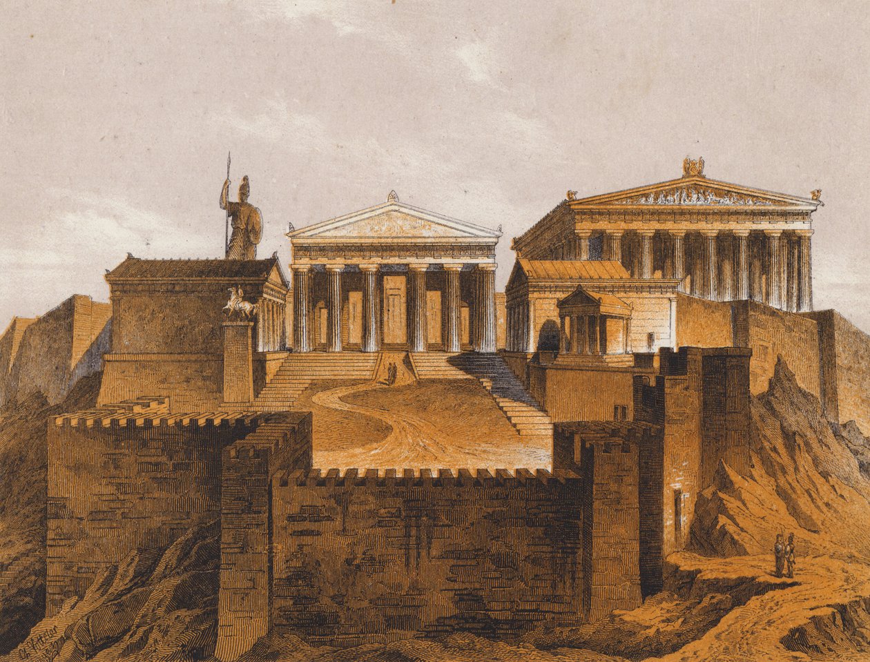 De Propylaea, oud Athene, Griekenland (kleurenlitho) door German School