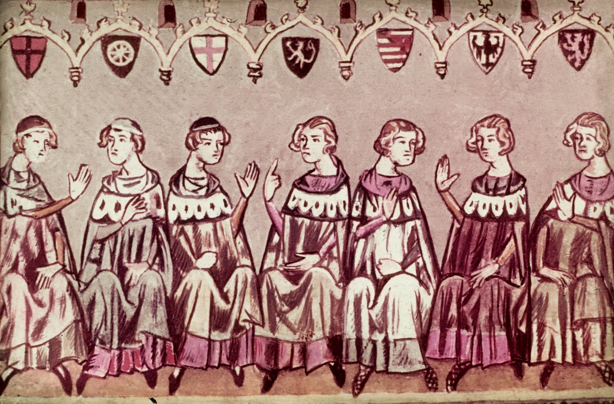 De zeven keurvorsten kiezen Hendrik VII, Heilige Roomse Keizer, illustratie uit de Kroniek van Hendrik VII (Balduineum) 1341 door German School
