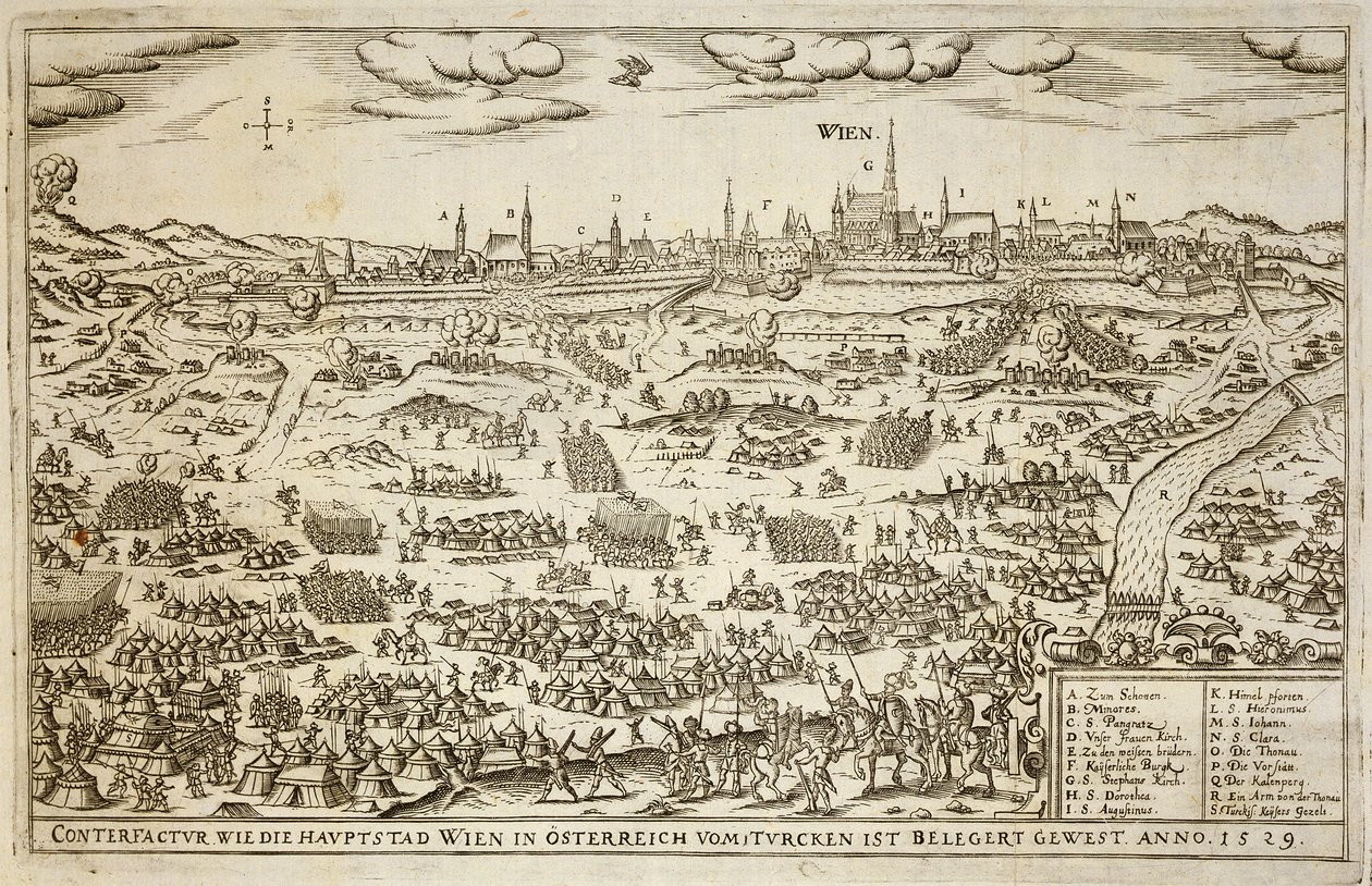 Het Beleg van Wenen in 1529, illustratie uit een boek over de Ottomaanse campagnes in Europa, gegraveerd door Paul Furst (ca. 1605-66) door German School
