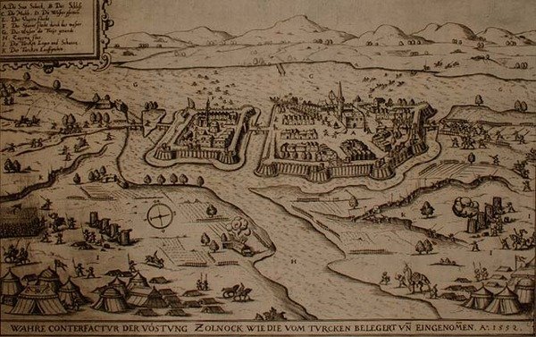 Het beleg van Zolnock door de Turken in 1552, illustratie uit een boek over de Ottomaanse campagnes in Europa, gegraveerd door Paul Furst door German School