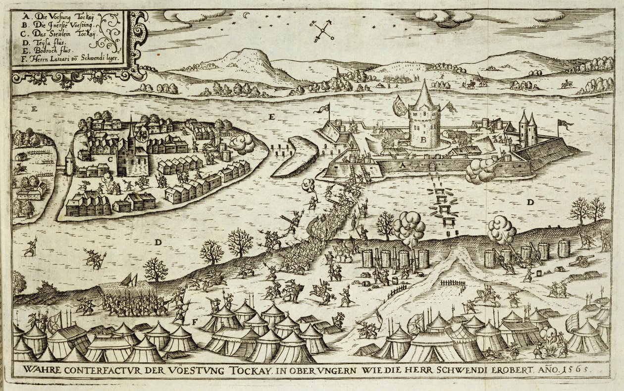 De Stad Tokay Herwonnen van de Turken door Herr Schwendi in 1565, illustratie uit een boek over de Ottomaanse campagnes in Europa, gegraveerd door Paul Furst (ca. 1605-66) door German School