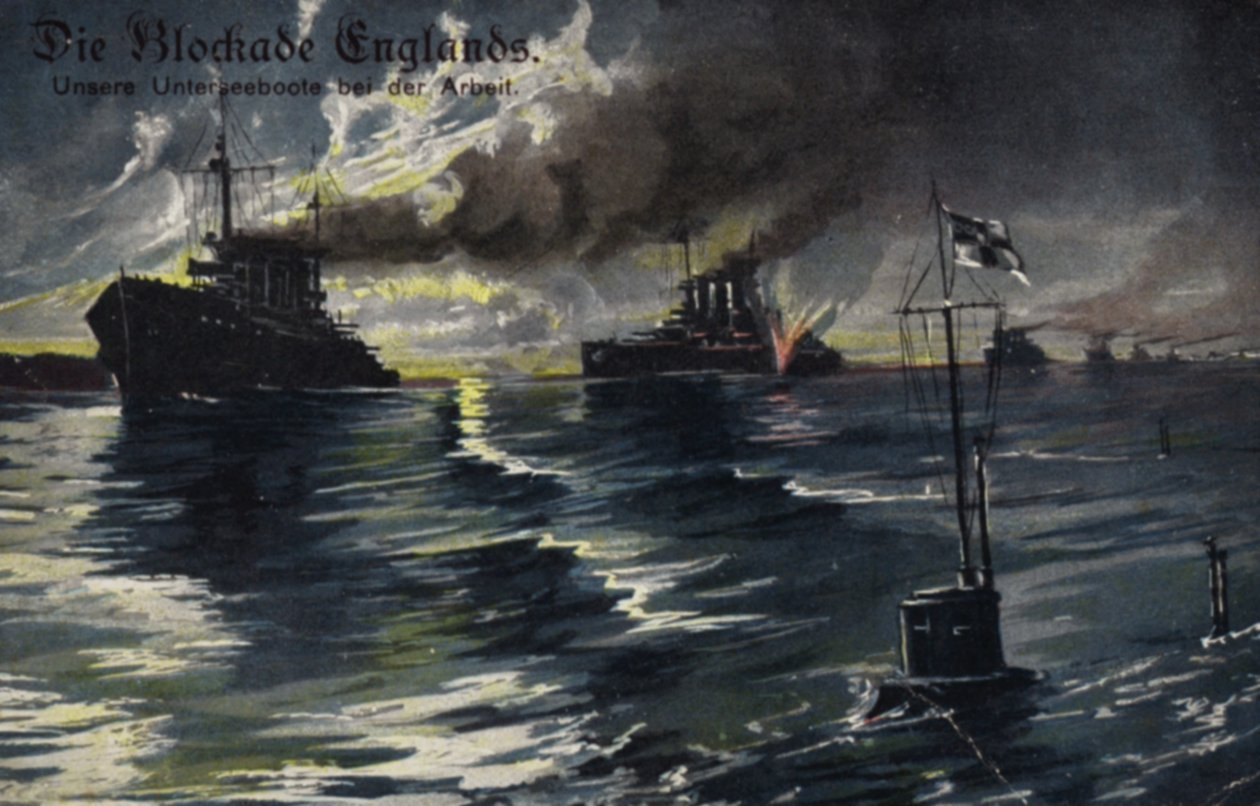 De blokkade van Engeland, Eerste Wereldoorlog (kleurenlitho) door German School