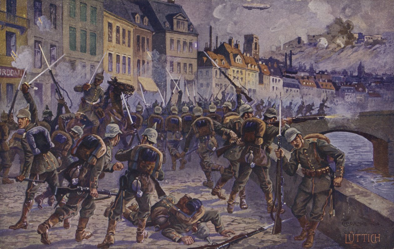 De inname van Luik, België, Eerste Wereldoorlog, 7 augustus 1914 (kleurenlitho) door German School