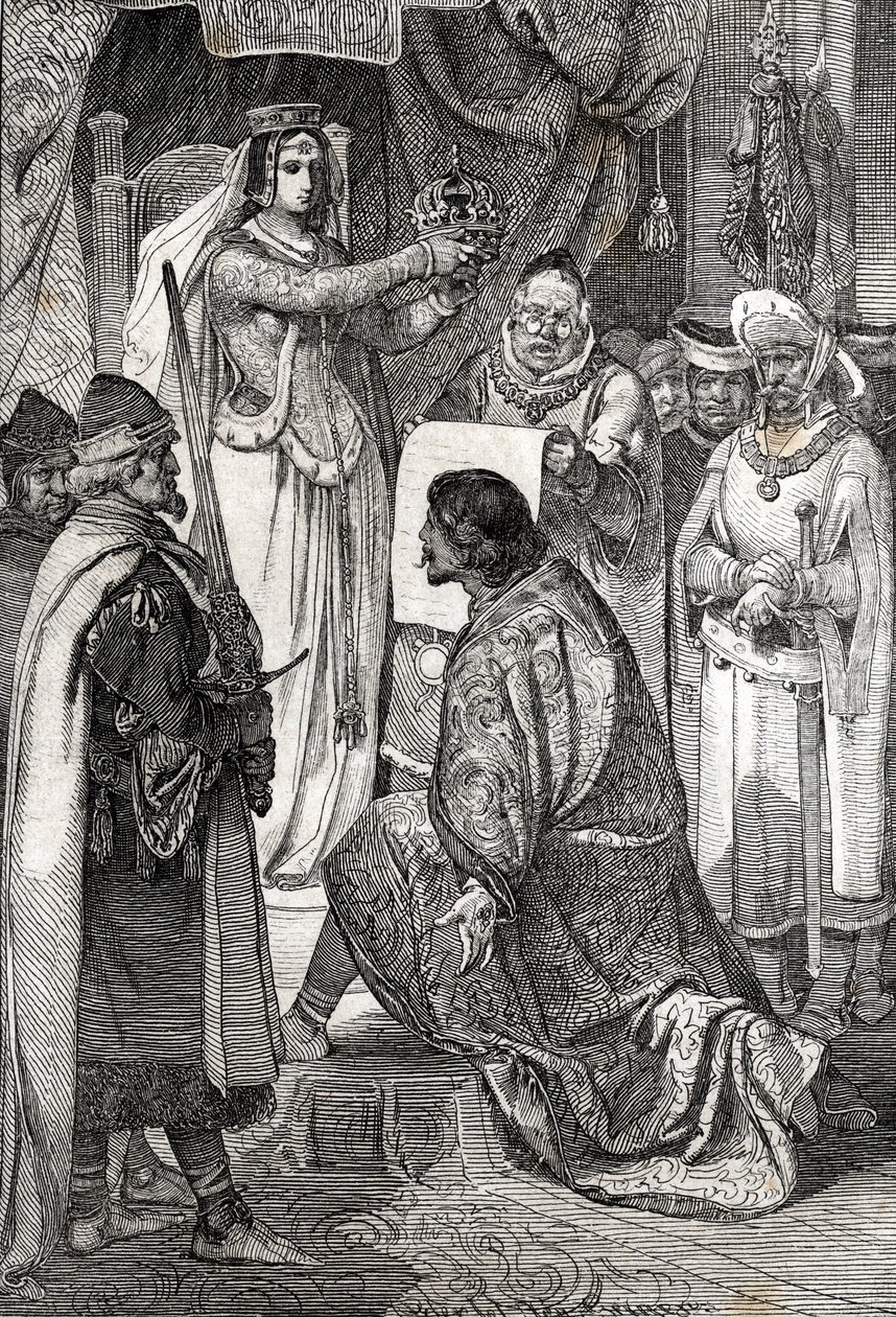 De kroning van Erik XIII van Pommeren als koning van de Noordse koninkrijken Zweden, Denemarken en Noorwegen, door Margaretha I van Denemarken door German School