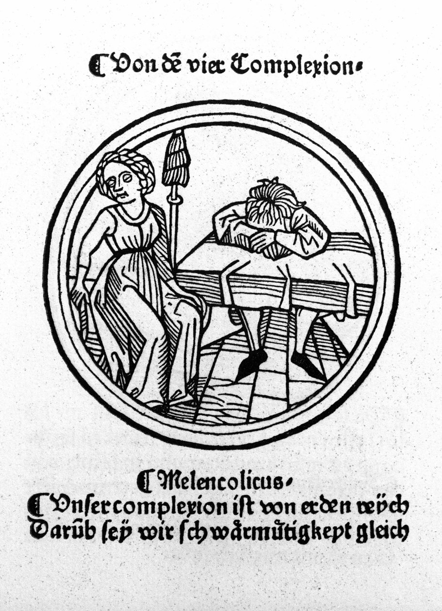 De vier temperamenten: melancholisch (verdrietig en depressief). Houtsnede, Augsburg 1480 door German School