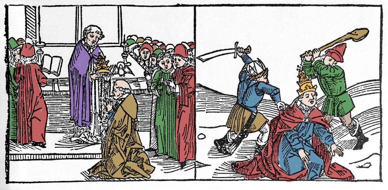 Het martelaarschap van Sint Fabianus (3e eeuw), paus gemarteld en vervolgens onthoofd, onder het bewind van keizer Decius. Gravure uit 