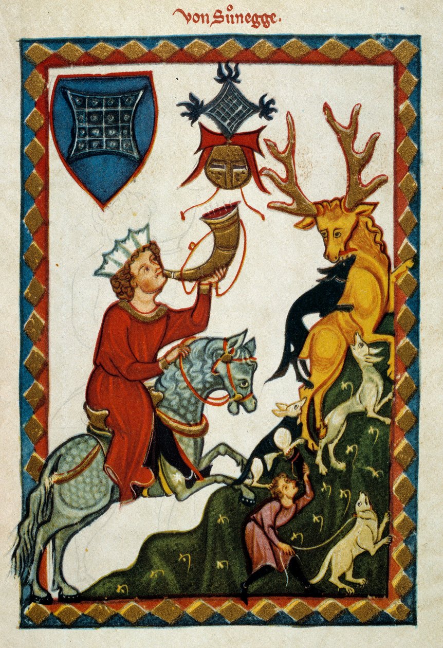 De geneugten van de jacht: Koning Radin van Hohenstaufen, koning van Sicilië (Italië) en Jeruzalem (Israël) onder de naam Conrad II, hertog van Zwaben onder de naam Conrad III en koning van de Romeinen onder de naam Conrad V (1252-1268) jaagt op herten door German School