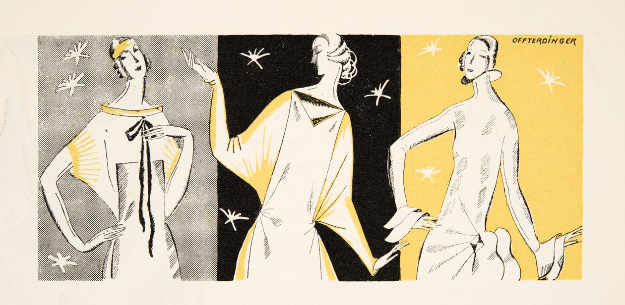 Drie vrouwen in jurken, uit Styl, pub.1922 (pochoirdruk) door German School