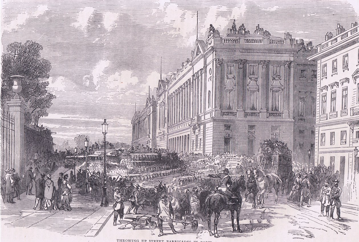 Straatbarricades opwerpen in Parijs, Cassells Geschiedenis van de oorlog tussen Frankrijk en Duitsland uitgegeven door Cassell and Company Limited, ca. 1890 door German School