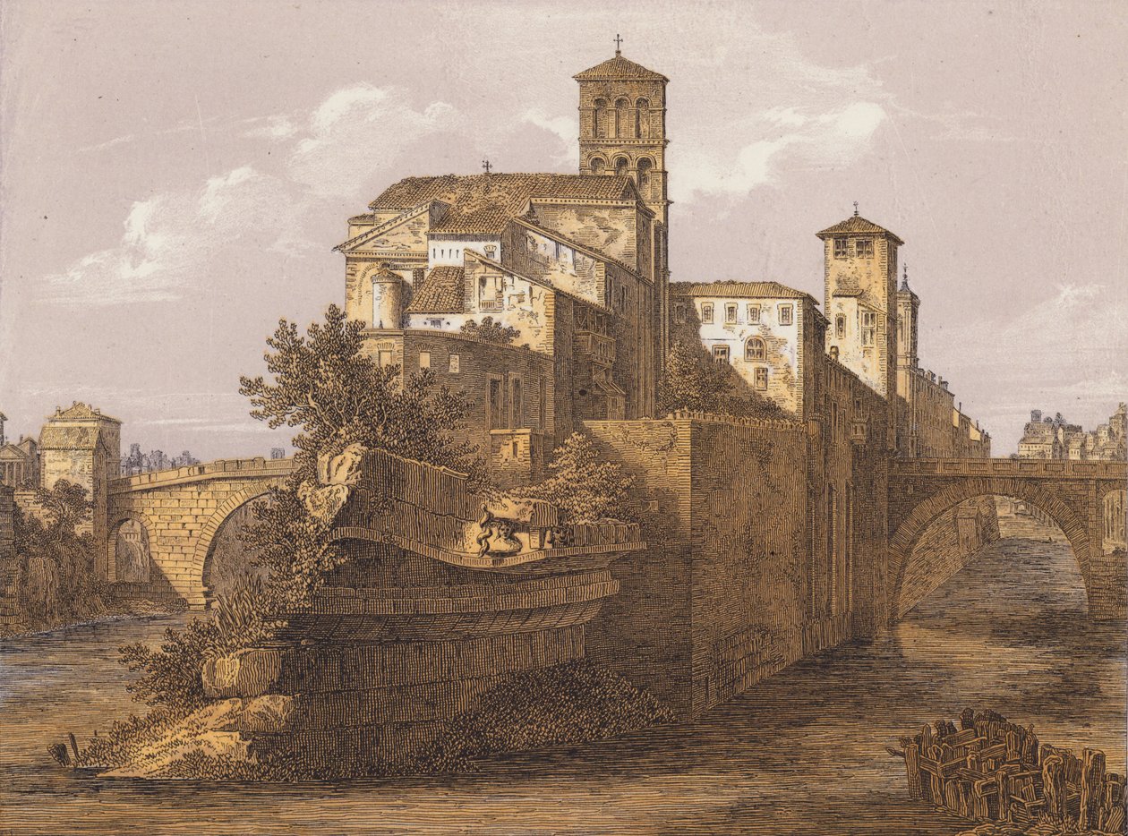 Tibereiland, Rome, Italië (kleurenlitho) door German School