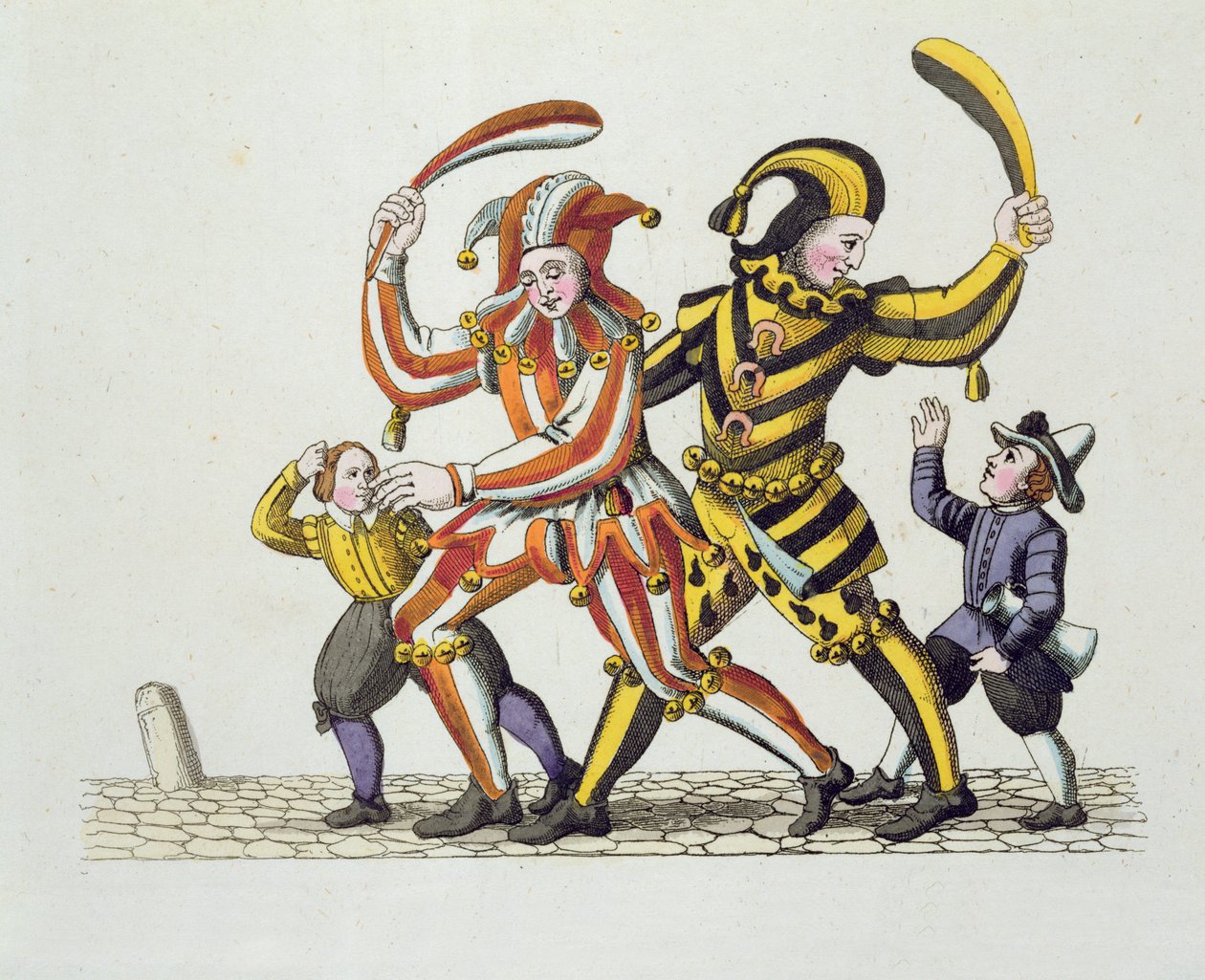 Twee Narren die met Kinderen Spelen, uit Oude Neurenbergse Gewoonten en Spelen en Liederen, heruitgegeven 1831 door German School
