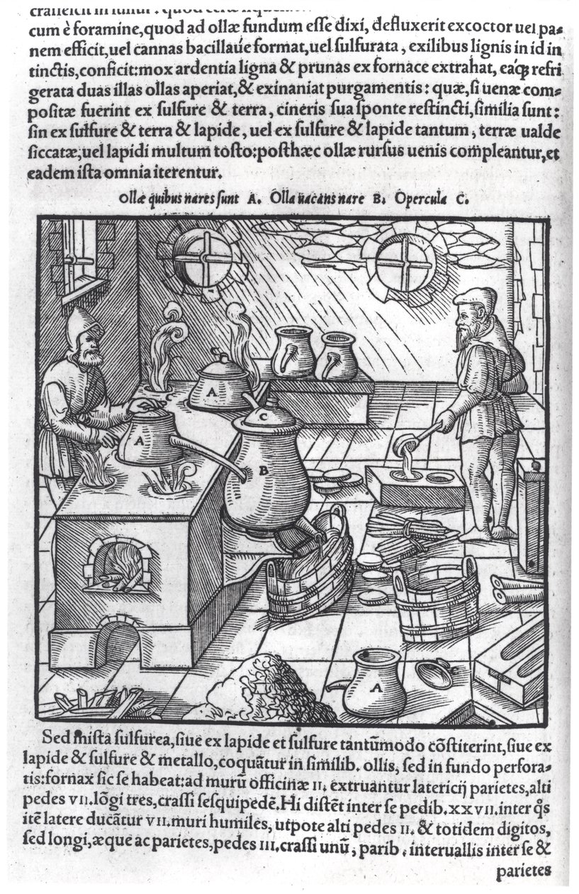 Zwavel gebruiken, uit De Re Metallica door Georg Bauer (1494-1566), bekend als Agricola door German School