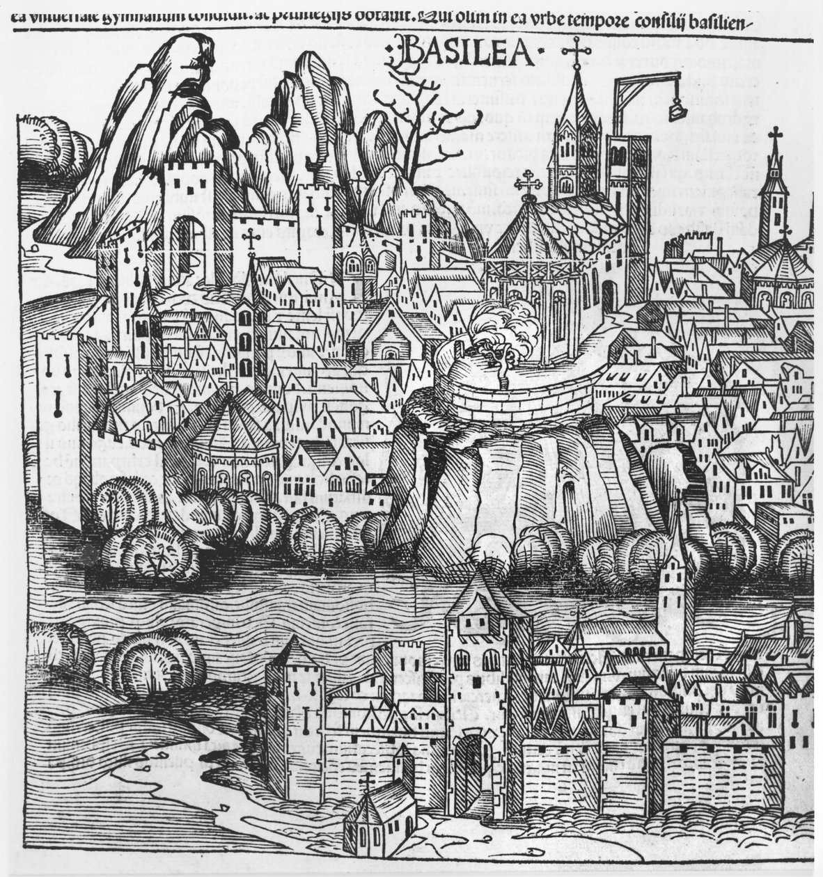 Zicht op Basel, illustratie uit de Kroniek van Neurenberg door Hartmann Schedel (1440-1514) 1493 door German School