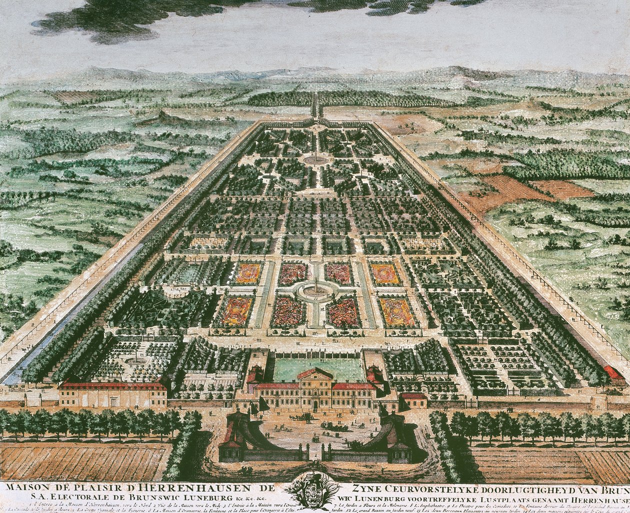 Uitzicht op tuin van Herrenhausen Castle, circa 1708, kleurenprint, Duitsland door German School