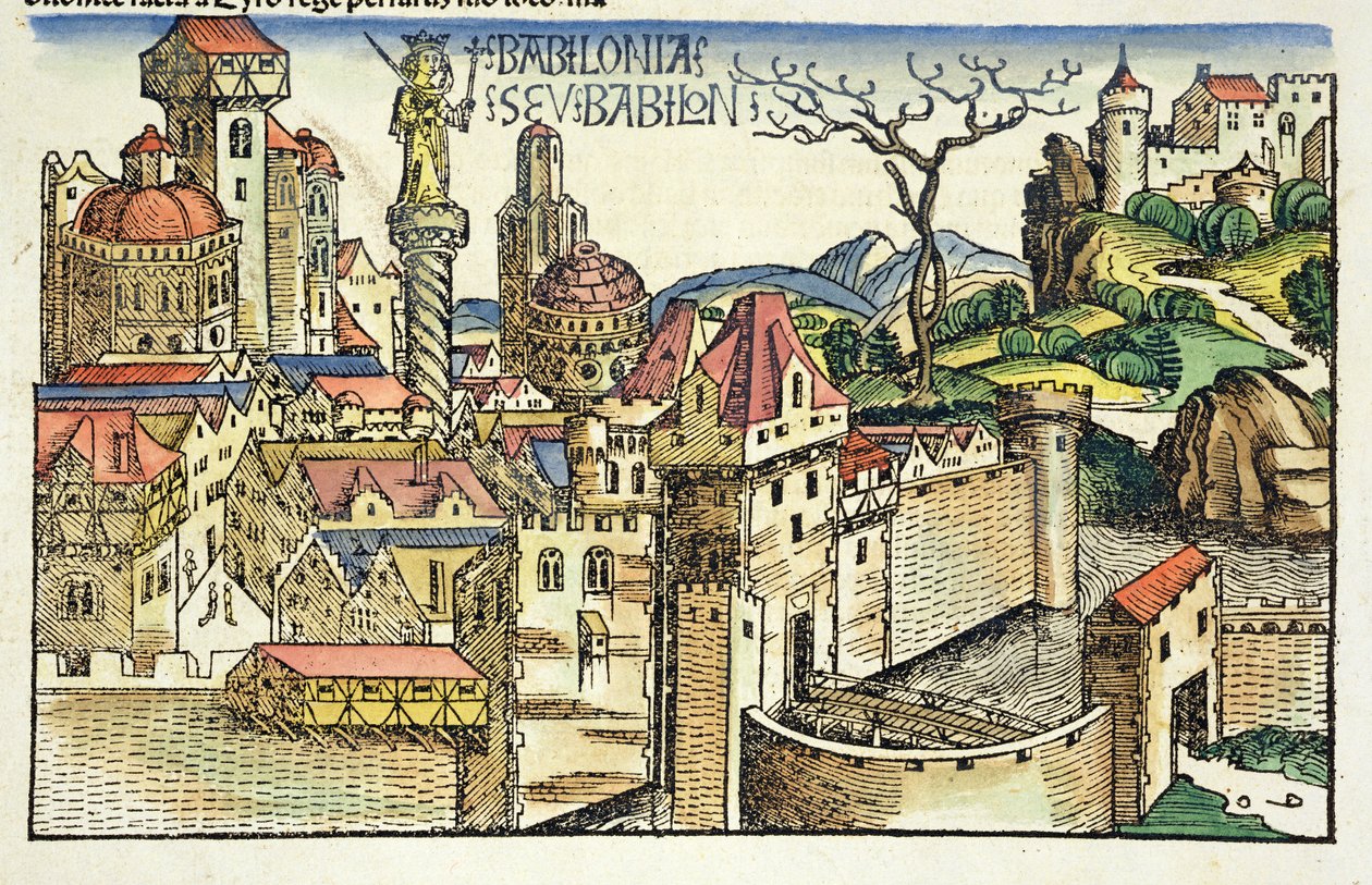 Uitzicht op de oude stad Babylon, uit de Neurenberg Kroniek door Hartmann Schedel (1440-1514) 1493 door German School