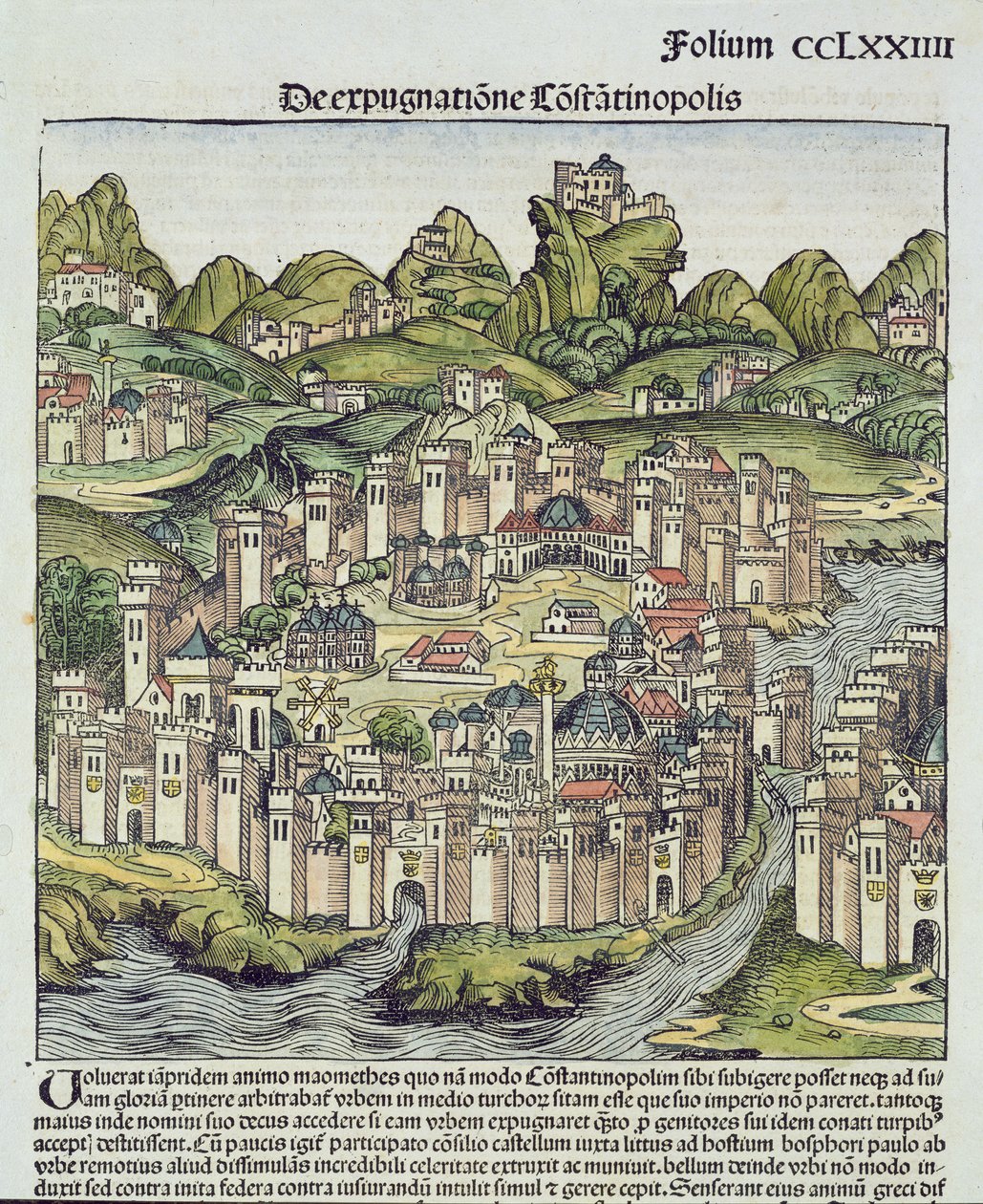 Uitzicht op de ommuurde stad Constantinopel, uit de Neurenberg Kroniek door Hartmann Schedel (1440-1514) 1493 door German School
