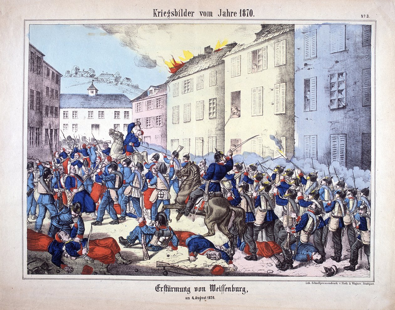 Oorlog van 1870: De verovering van Wissembourg (Slag bij Weissenburg) tussen de soldaten van het Pruisische leger en de Fransen op 4 augustus door German School